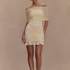 Meshki Caspian Slinky And Mesh Off Shoulder Mini Dress - Ivory (XS)